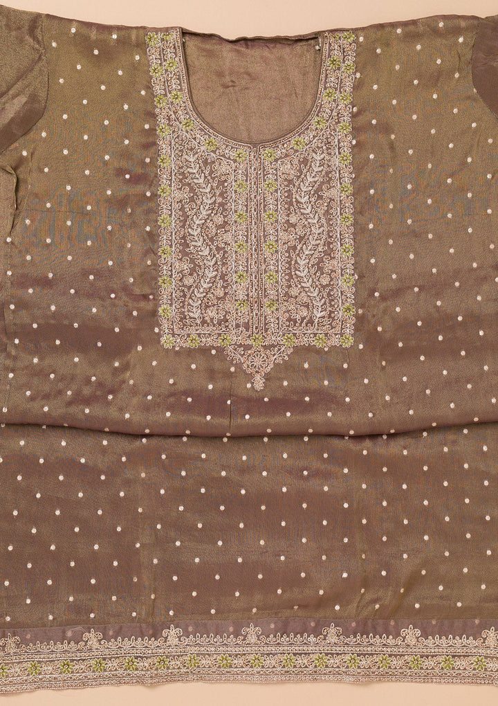 Brown Threadwork Organza Unstitched Salwar Suit-Koskii
