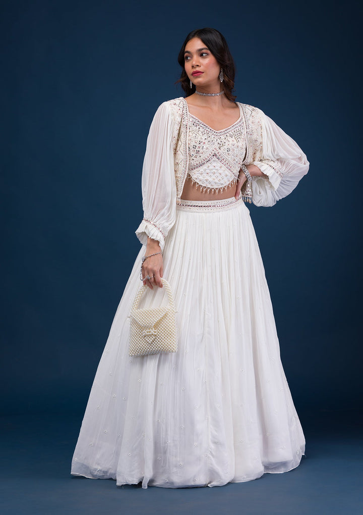 Cream Mirrorwork Georgette Readymade Lehenga-Koskii
