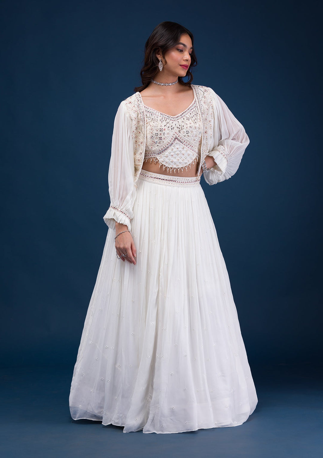 Cream Mirrorwork Georgette Readymade Lehenga-Koskii