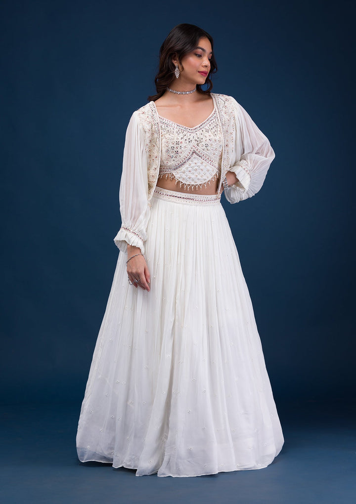 Cream Mirrorwork Georgette Readymade Lehenga-Koskii