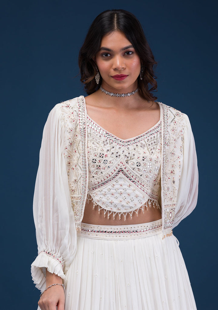 Cream Mirrorwork Georgette Readymade Lehenga-Koskii