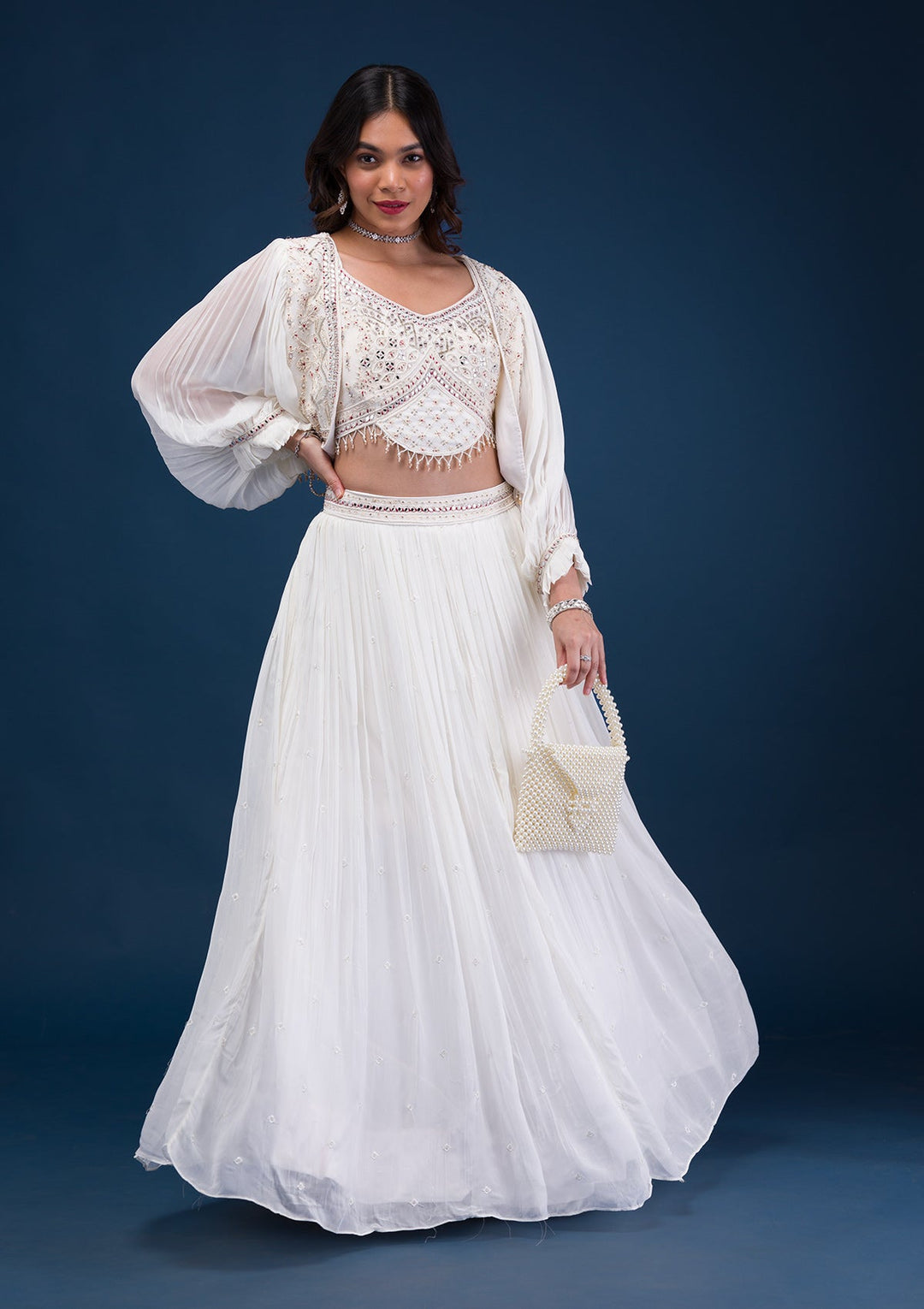 Cream Mirrorwork Georgette Readymade Lehenga-Koskii