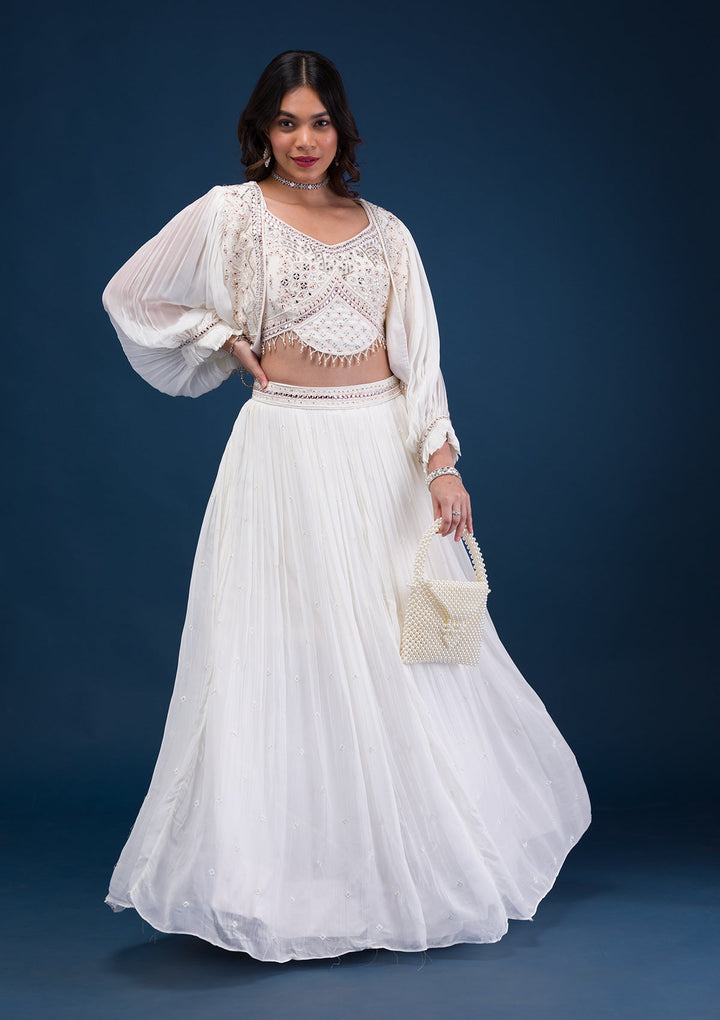 Cream Mirrorwork Georgette Readymade Lehenga-Koskii