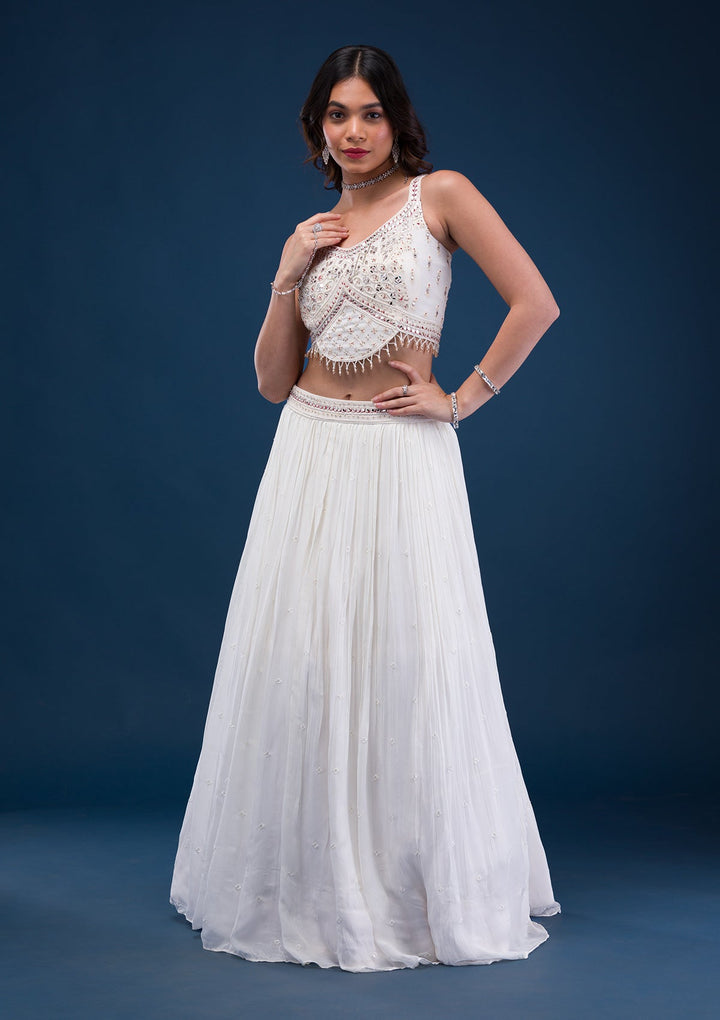 Cream Mirrorwork Georgette Readymade Lehenga-Koskii