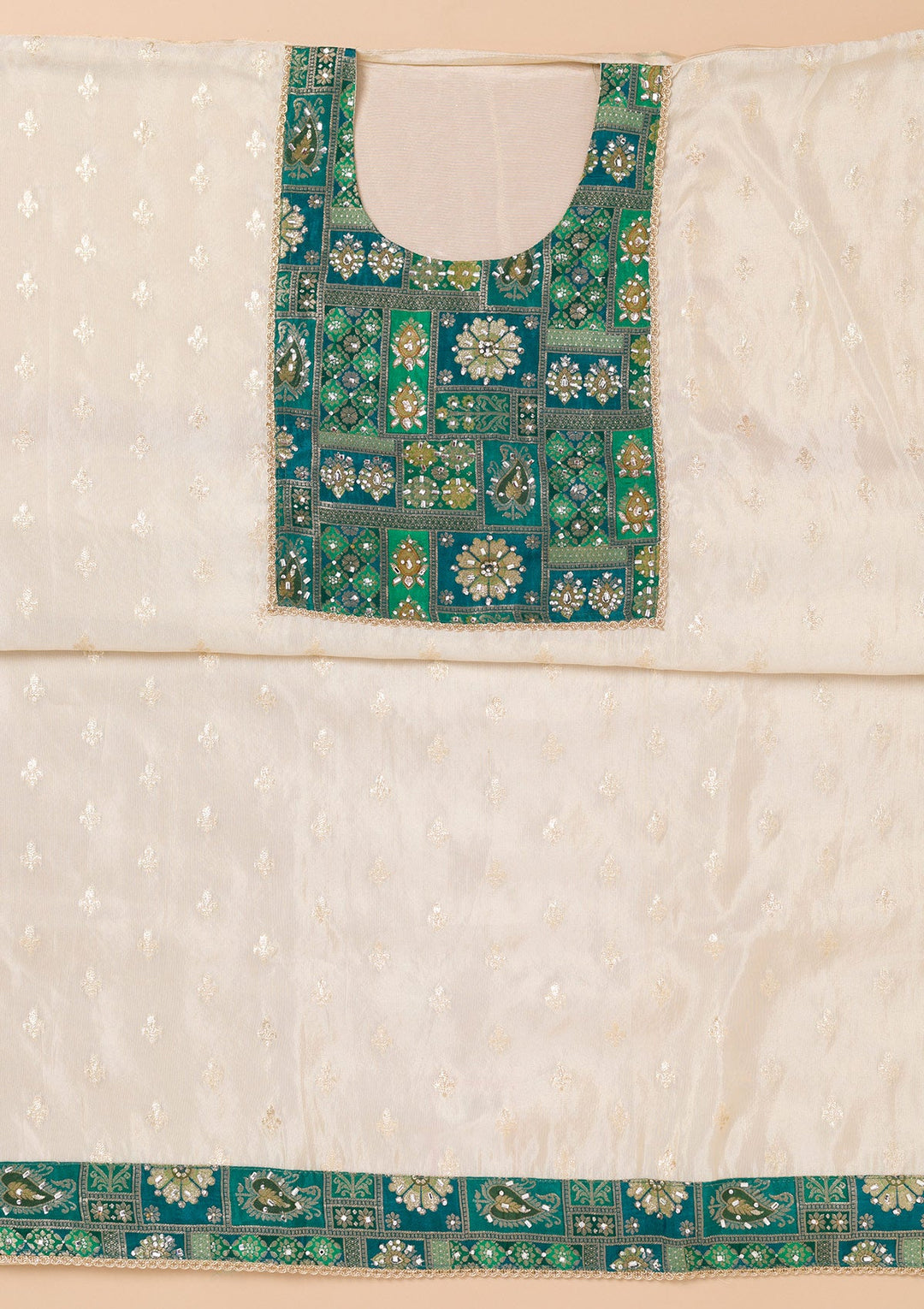 Turquoise Blue Patchwork Organza Unstitched Salwar Suit-Koskii