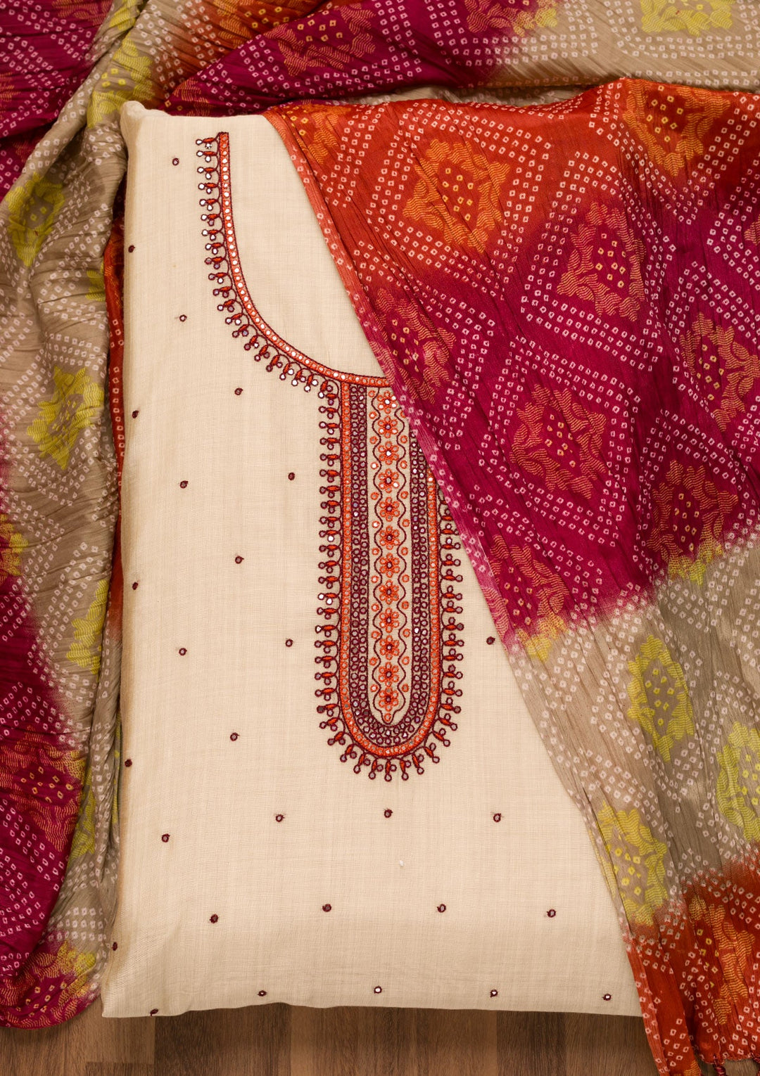 Cream Threadwork Chanderi Unstitched Salwar Suit-Koskii