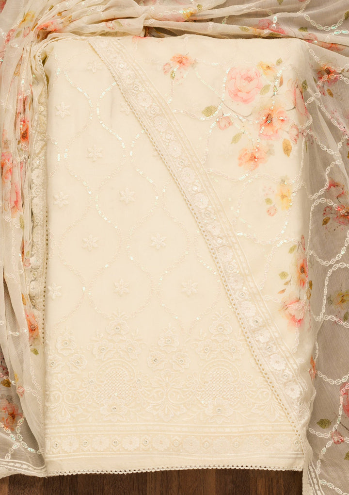 Cream Threadwork Georgette Unstitched Salwar Suit-Koskii