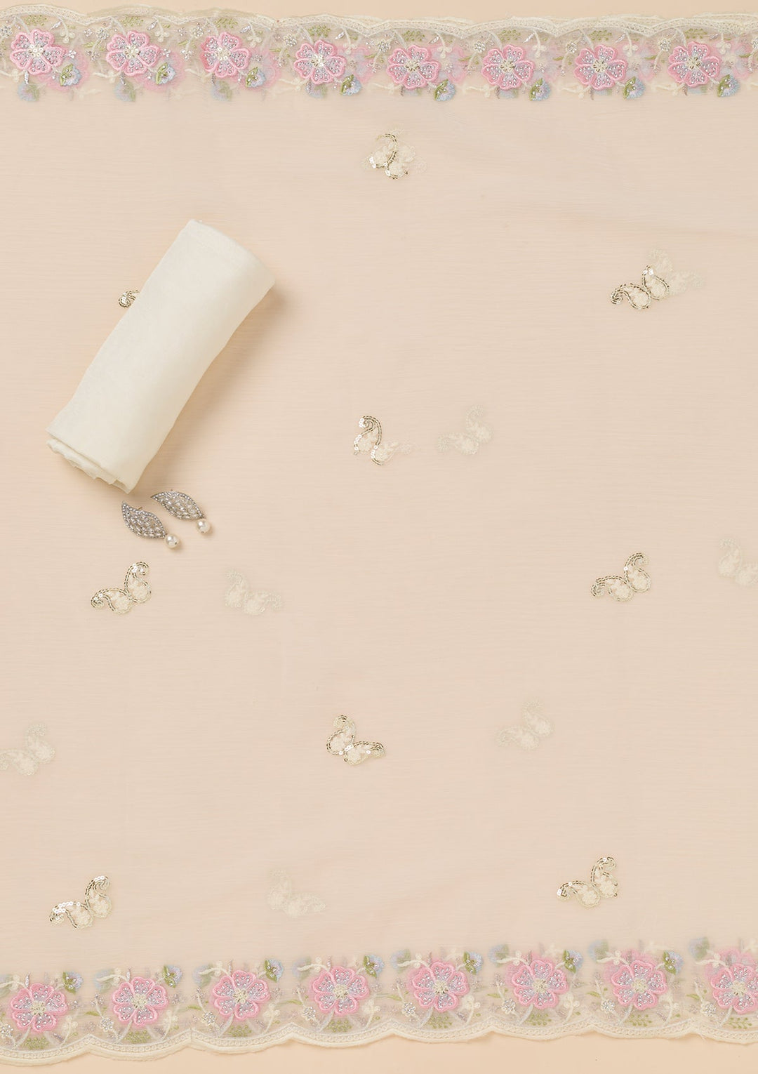 Cream Threadwork Georgette Unstitched Salwar Suit-Koskii