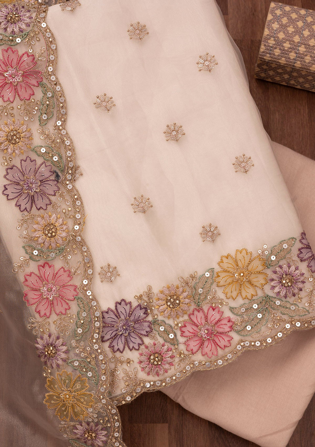 Gold Zariwork Semi Crepe Unstitched Salwar Suit-Koskii