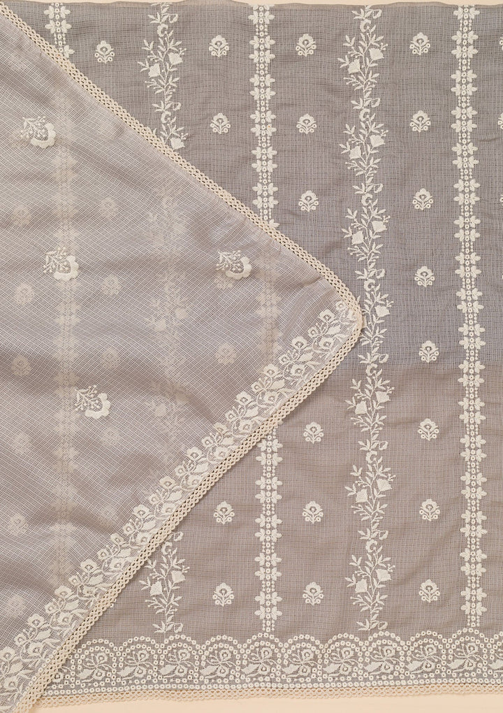 Grey Threadwork Cotton Blend Unstitched Salwar Suit-Koskii