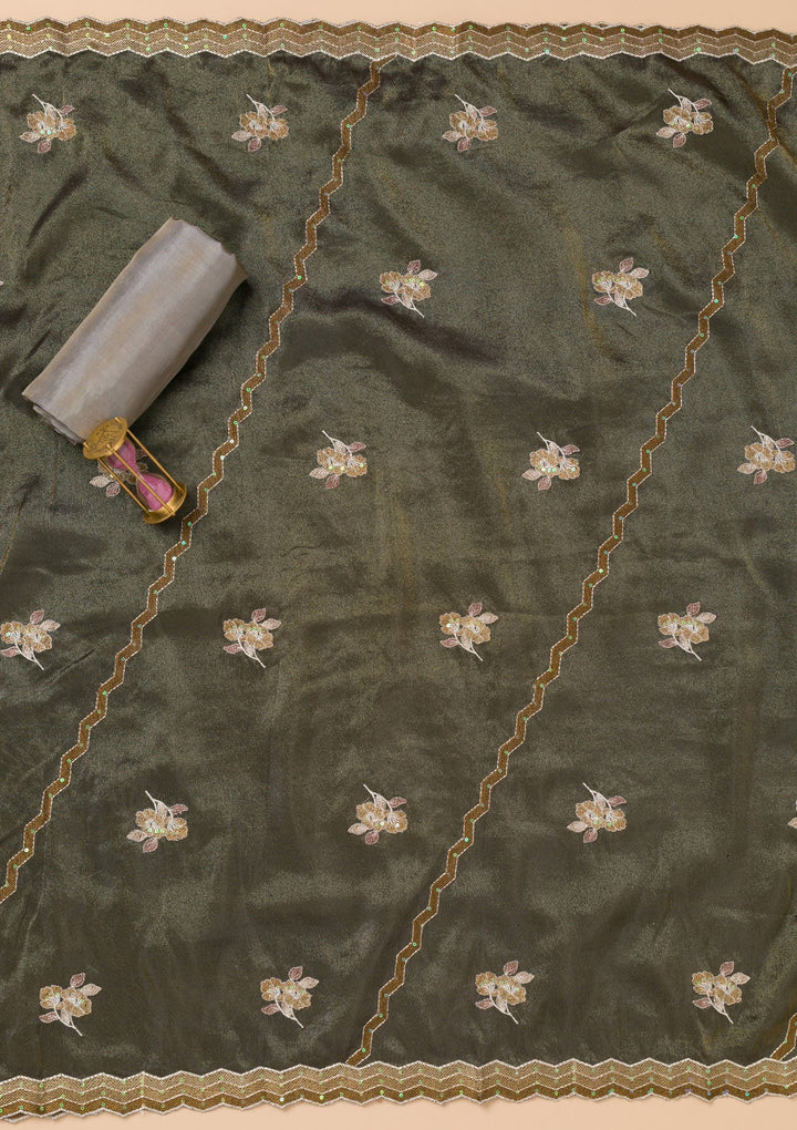 Grey Threadwork Semi Crepe Unstitched Salwar Kameez-Koskii