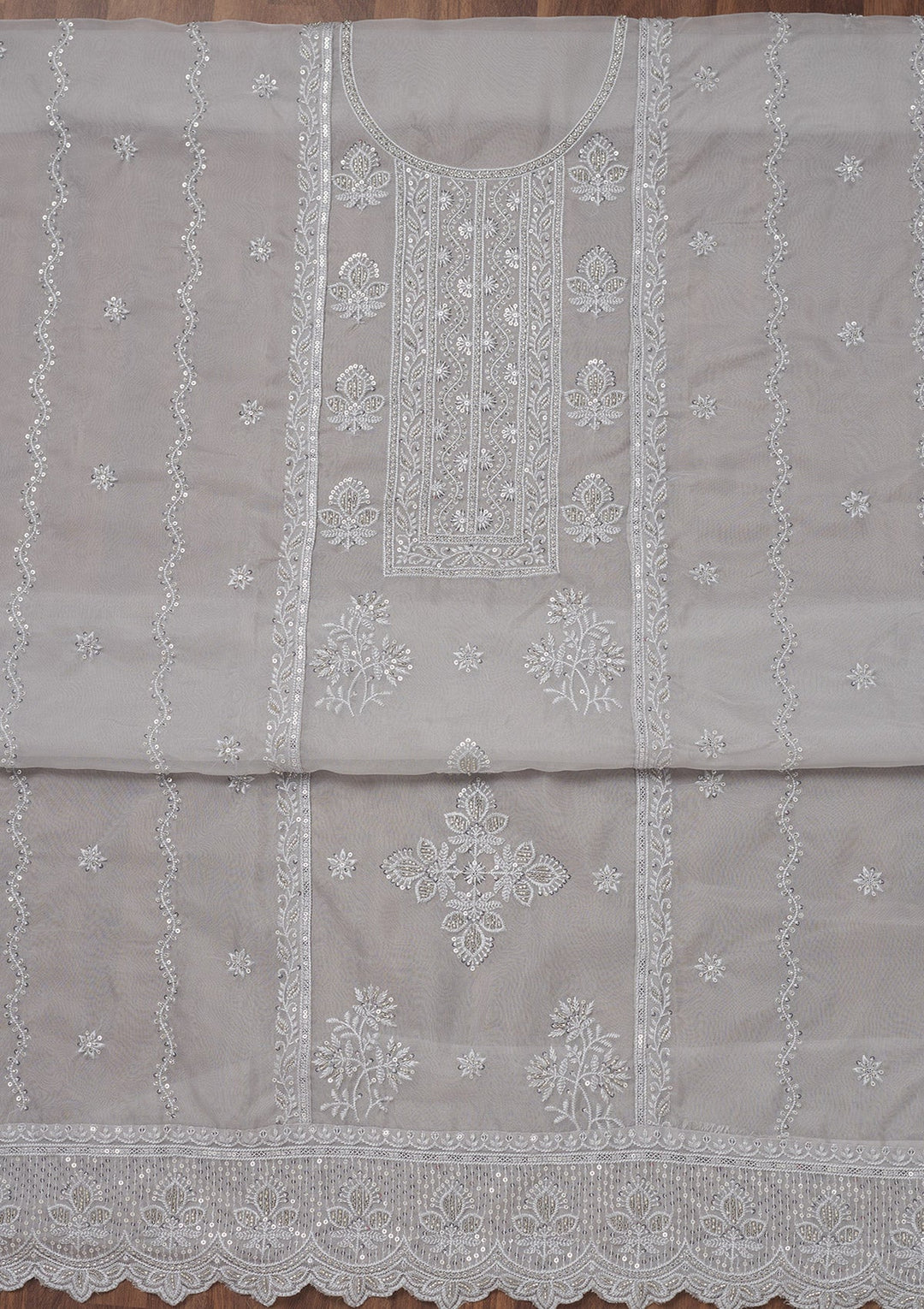Grey Threadwork Semi Crepe Unstitched Salwar Suit-Koskii
