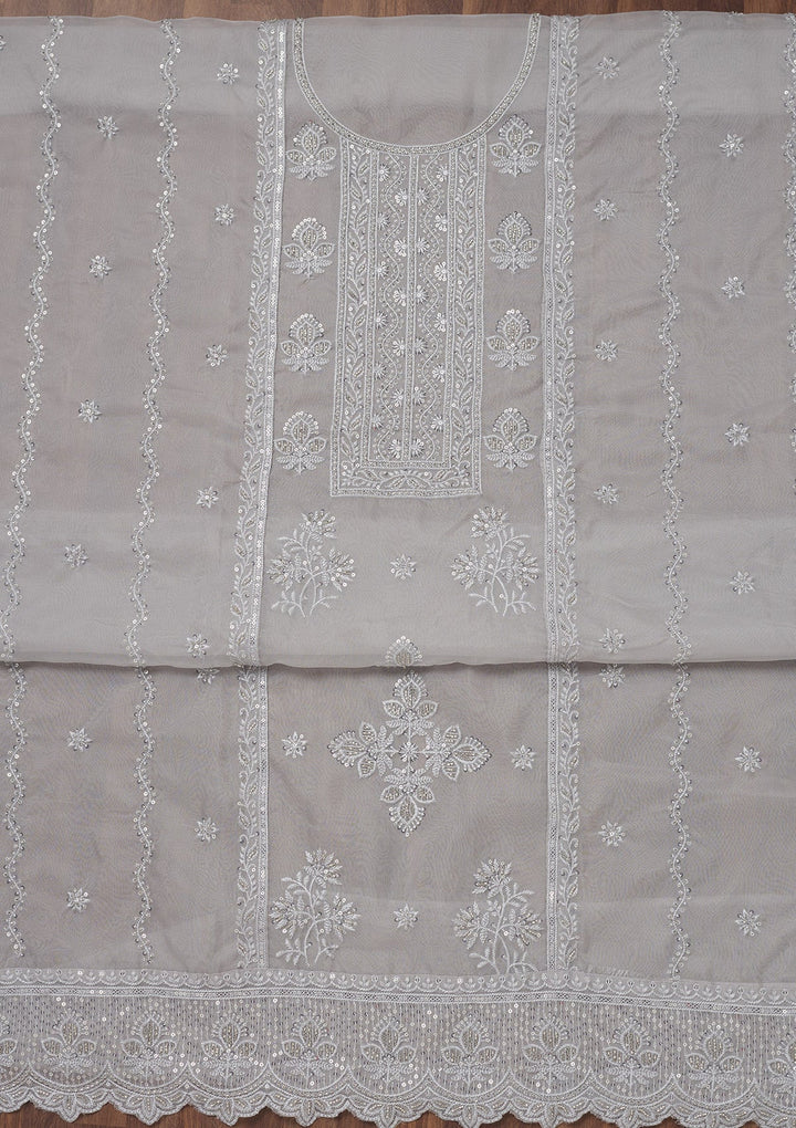 Grey Threadwork Semi Crepe Unstitched Salwar Suit-Koskii