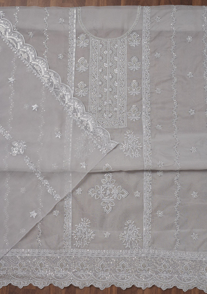Grey Threadwork Semi Crepe Unstitched Salwar Suit-Koskii