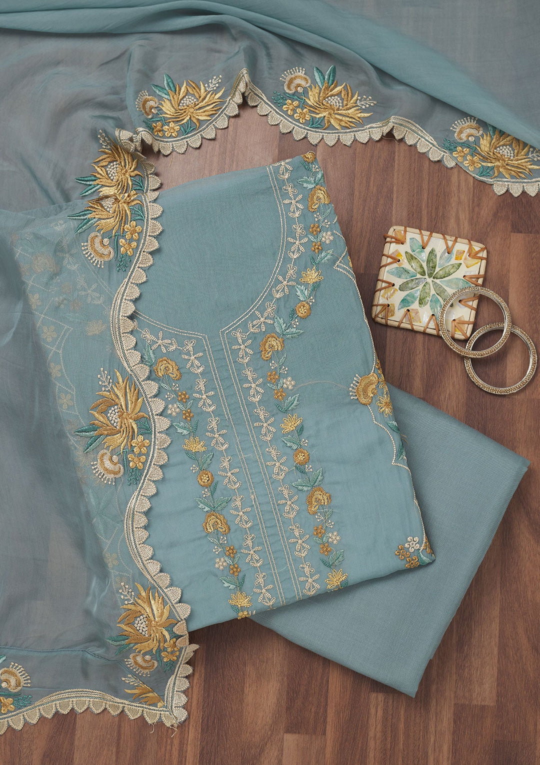 Grey Threadwork Tissue Unstitched Salwar Suit-Koskii