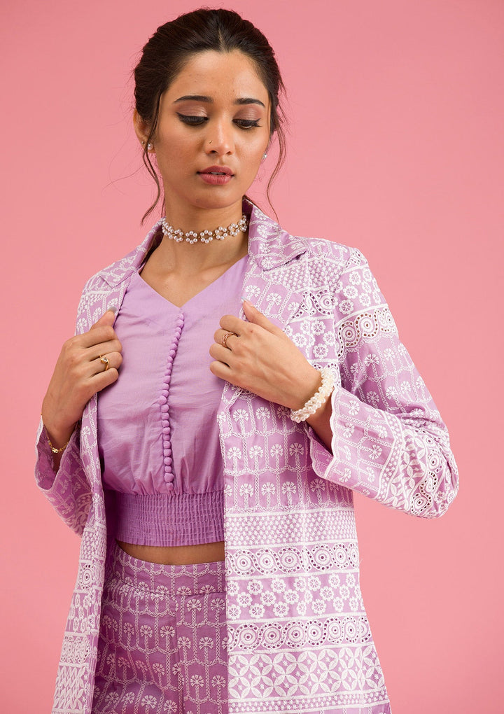 Lavender Threadwork Cotton Readymade Salwar Suit-Koskii