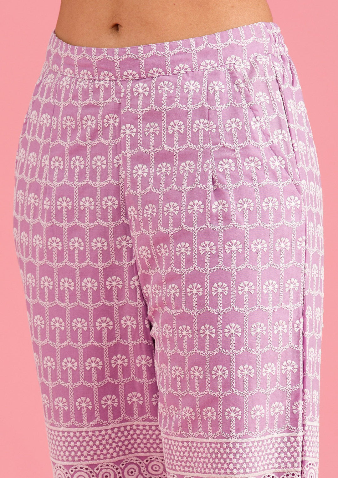 Lavender Threadwork Cotton Readymade Salwar Suit-Koskii