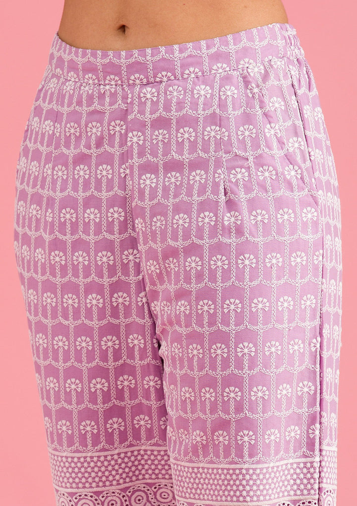 Lavender Threadwork Cotton Readymade Salwar Suit-Koskii