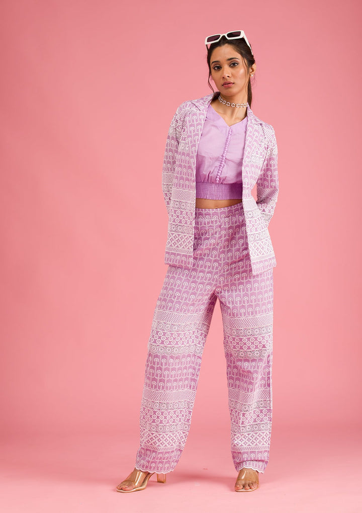 Lavender Threadwork Cotton Readymade Salwar Suit-Koskii