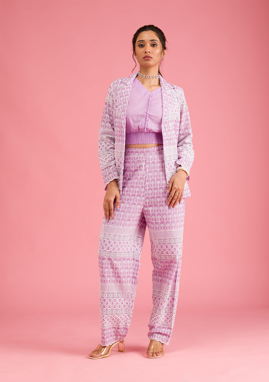 Lavender Threadwork Cotton Readymade Salwar Suit-Koskii