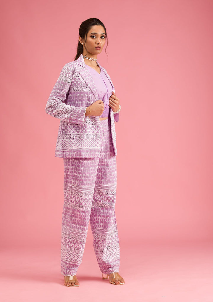 Lavender Threadwork Cotton Readymade Salwar Suit-Koskii