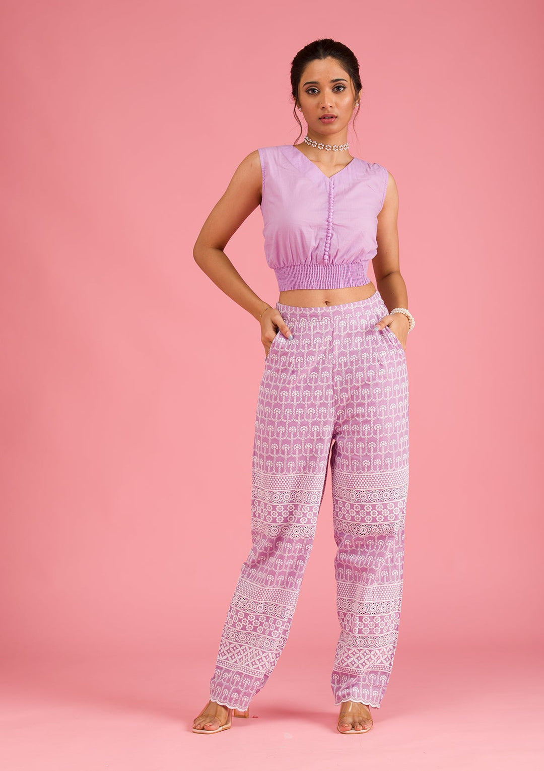 Lavender Threadwork Cotton Readymade Salwar Suit-Koskii