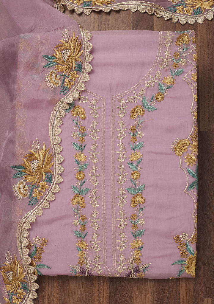 Lavender Threadwork Tissue Unstitched Salwar Suit-Koskii