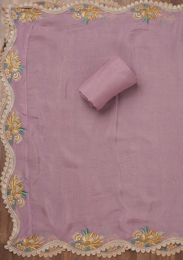 Lavender Threadwork Tissue Unstitched Salwar Suit-Koskii