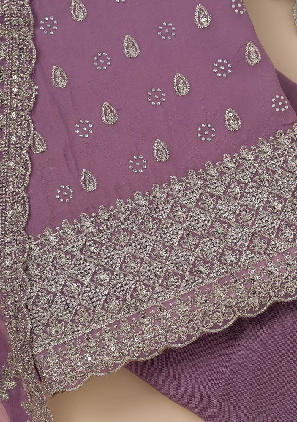 Lavender Zariwork Organza Unstitched Salwar Suit-Koskii