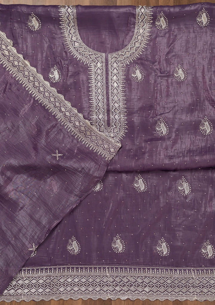 Lavender Zariwork Tissue Unstitched Salwar Suit-Koskii