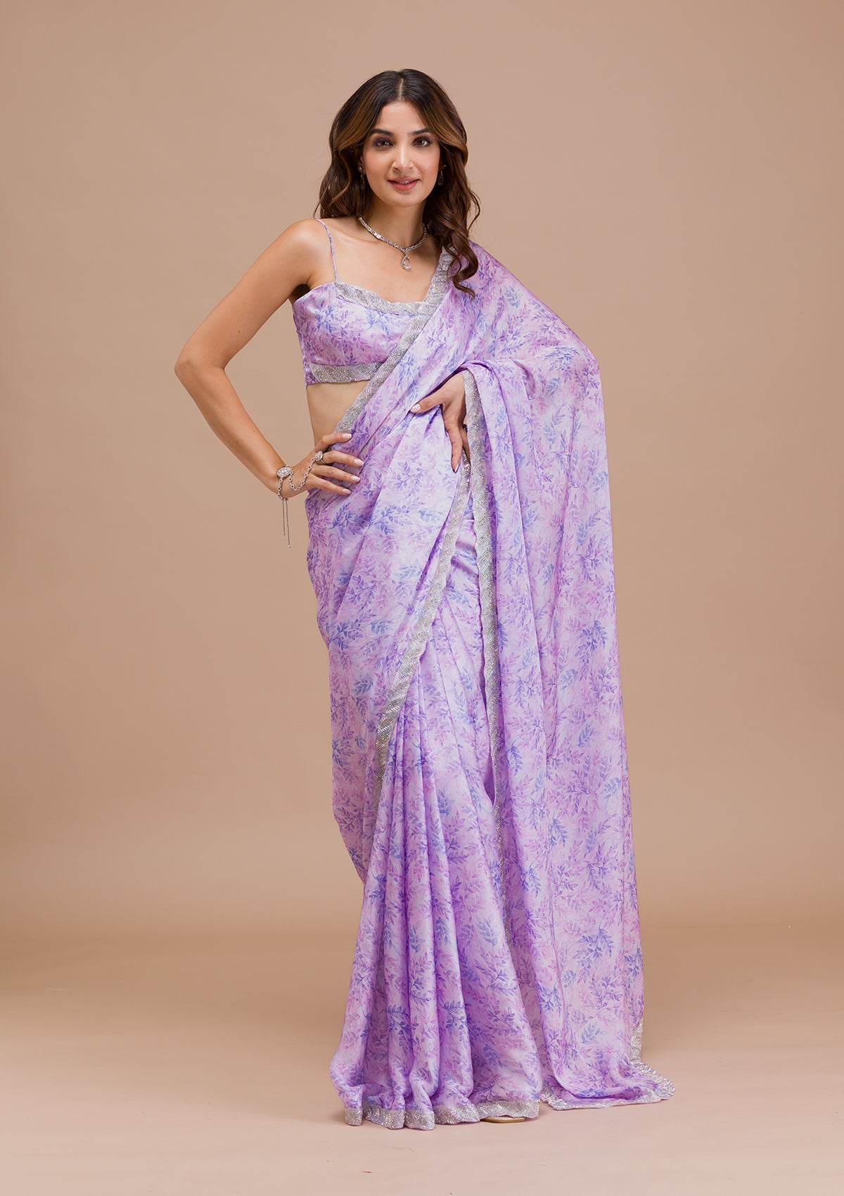 Lavender Printed Satin Saree-Koskii