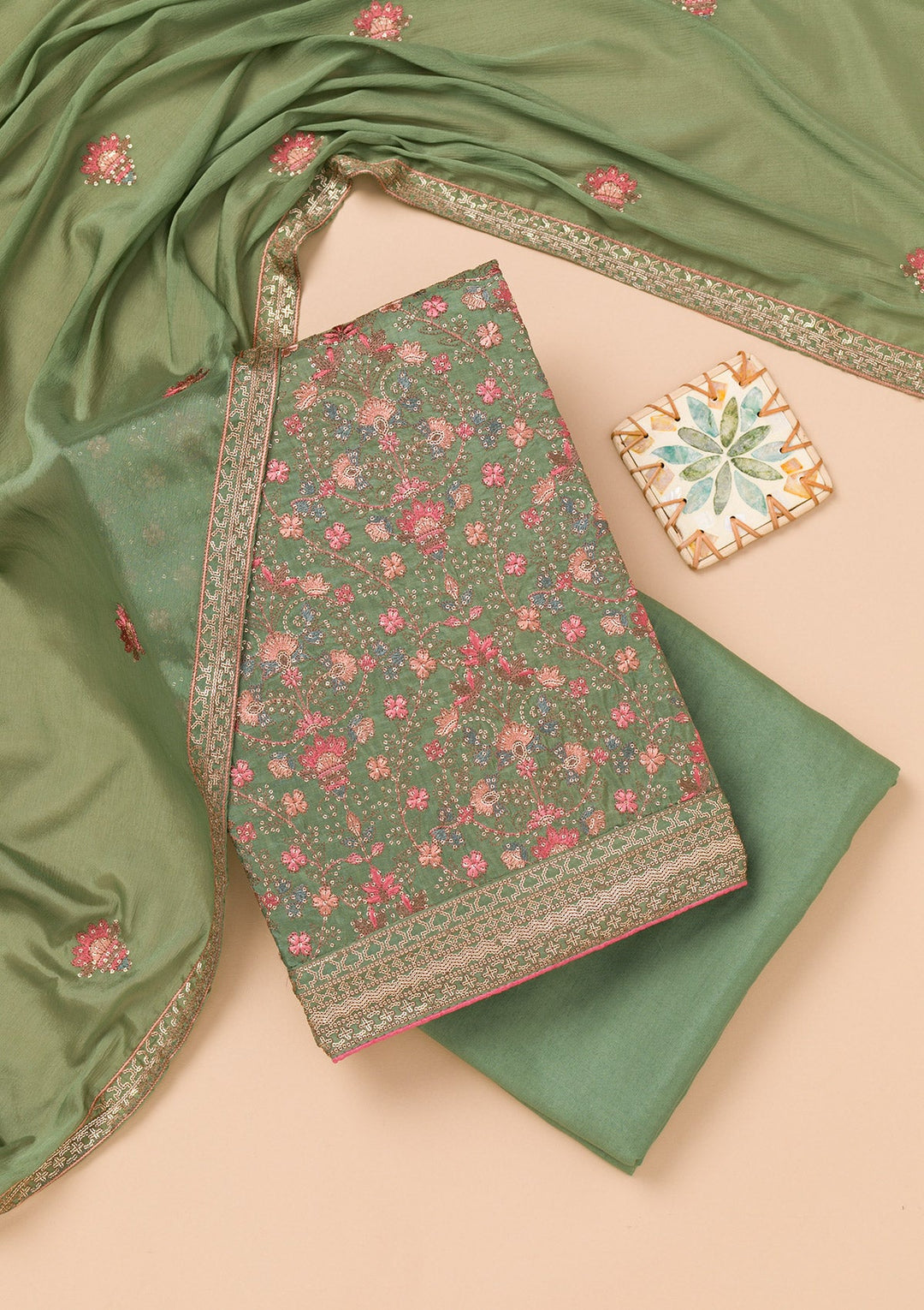 Leaf Green Threadwork Semi Crepe Unstitched Salwar Suit-Koskii
