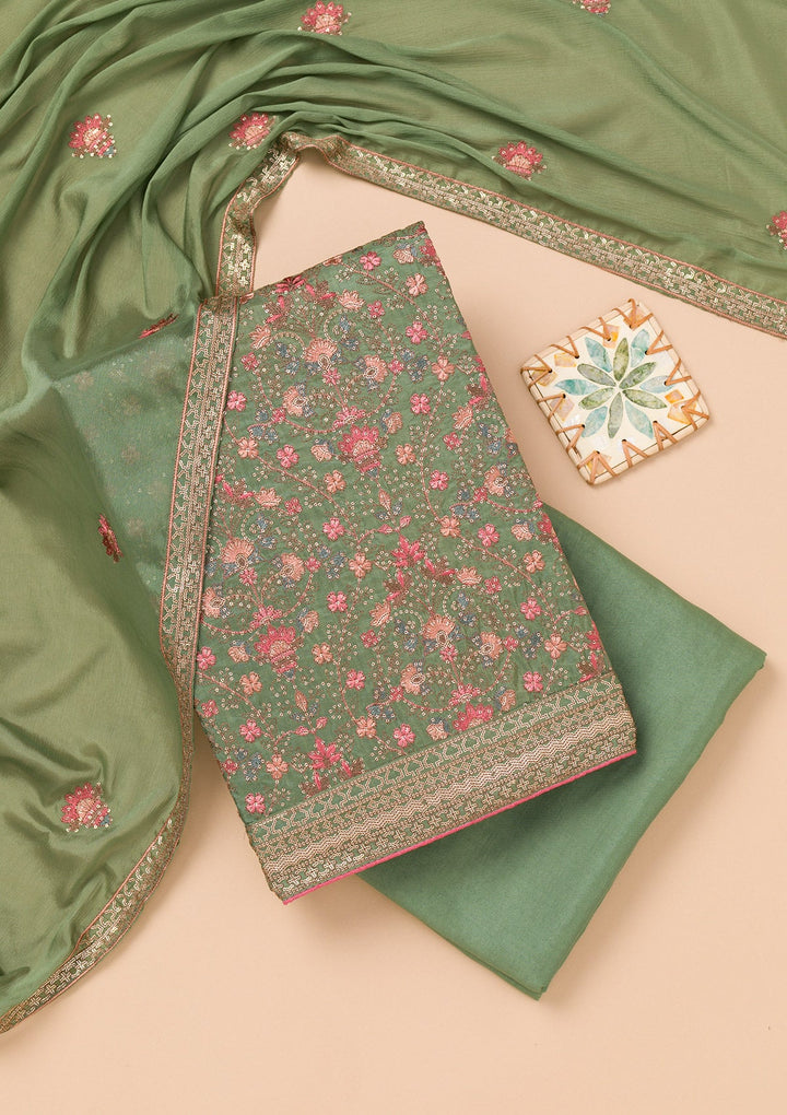Leaf Green Threadwork Semi Crepe Unstitched Salwar Suit-Koskii