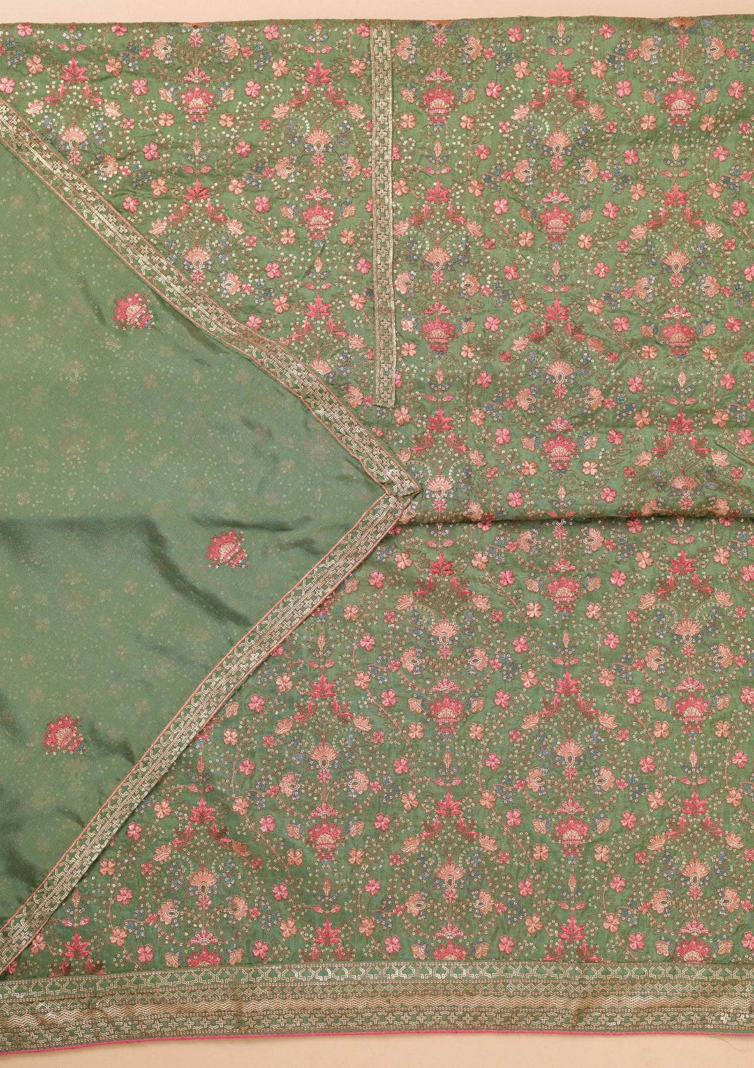 Leaf Green Threadwork Semi Crepe Unstitched Salwar Suit-Koskii