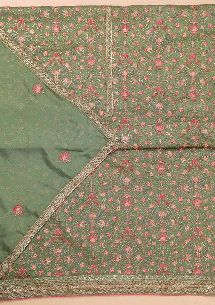 Leaf Green Threadwork Semi Crepe Unstitched Salwar Suit-Koskii