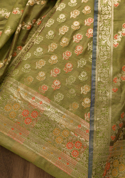 Leaf Green Zariwork Banarasi Unstitched Salwar Suit-Koskii