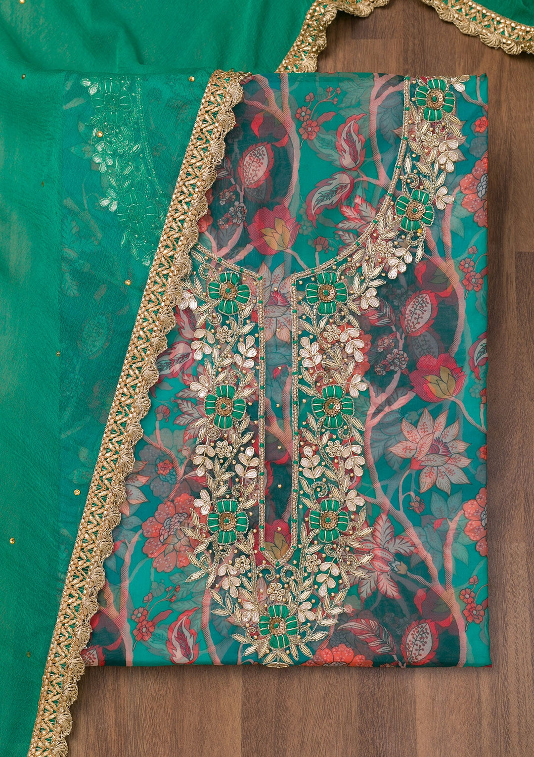 Leaf Green Zariwork Organza Unstitched Salwar Suit-Koskii