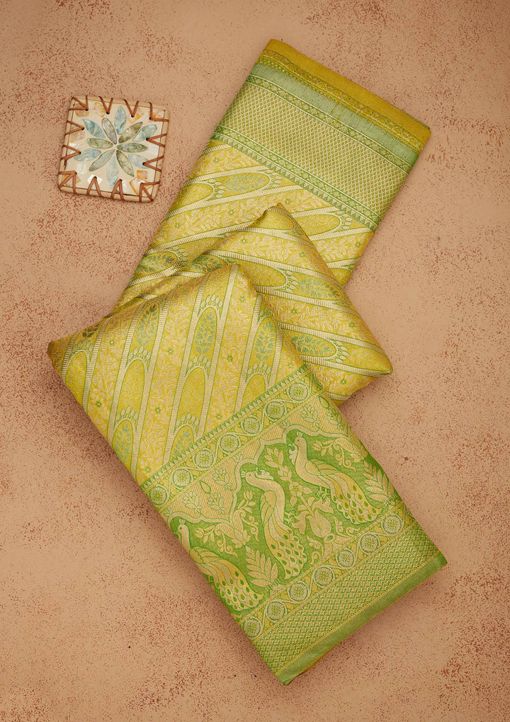 Lemon Yellow Zariwork Pure Silk Saree-Koskii