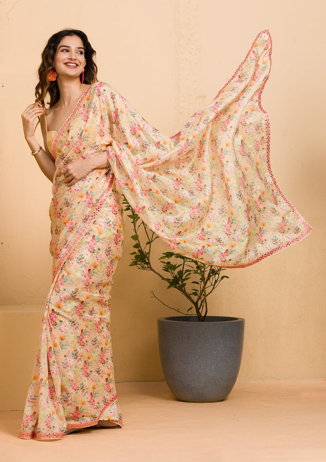Beige Sequins Net Designer Saree-Koskii