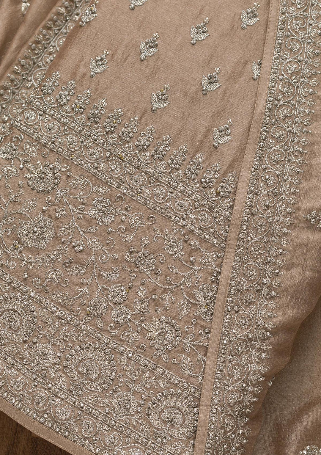 Light Brown Zariwork Raw Silk Unstitched Salwar Suit-Koskii