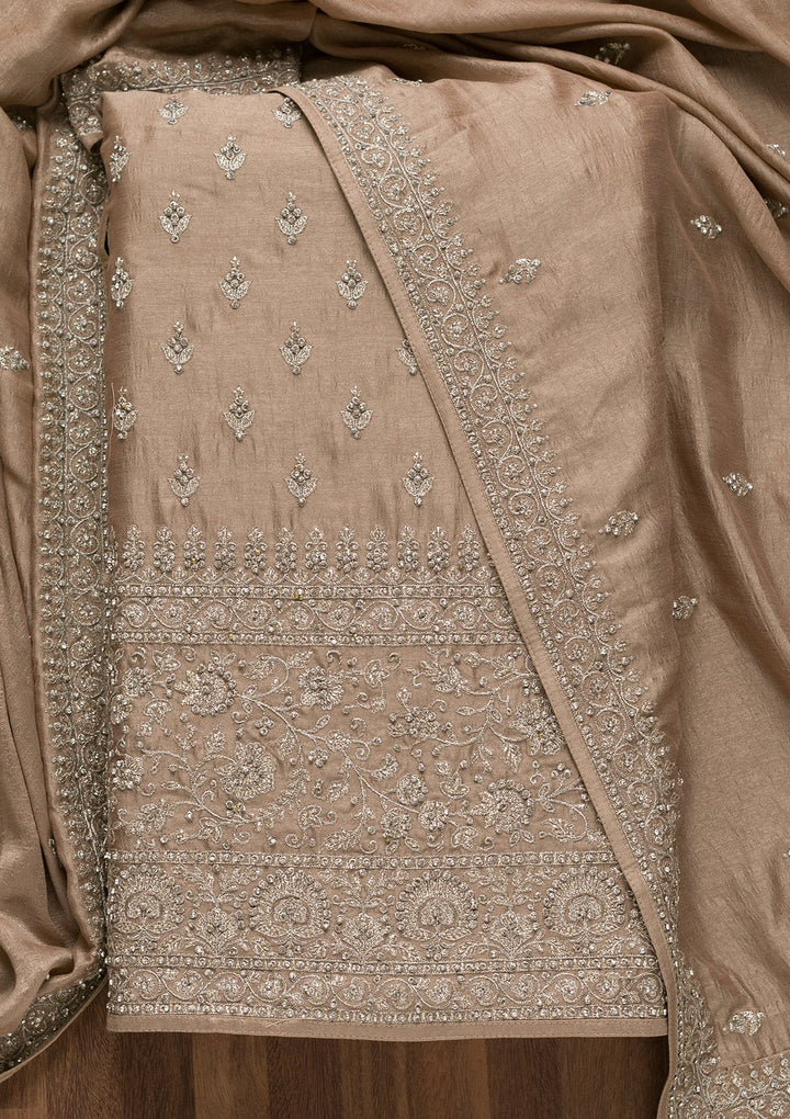 Light Brown Zariwork Raw Silk Unstitched Salwar Suit-Koskii
