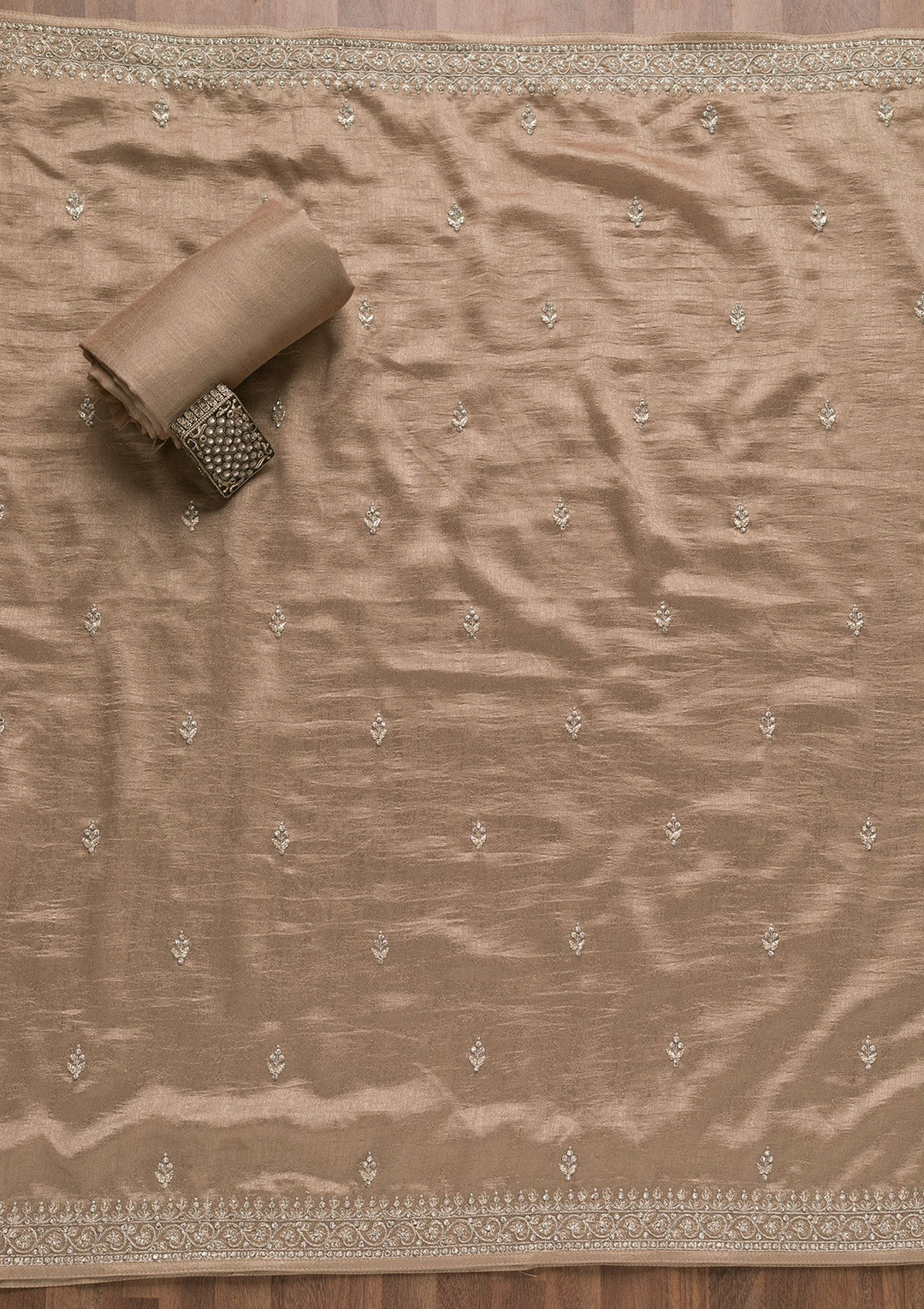 Light Brown Zariwork Raw Silk Unstitched Salwar Suit-Koskii