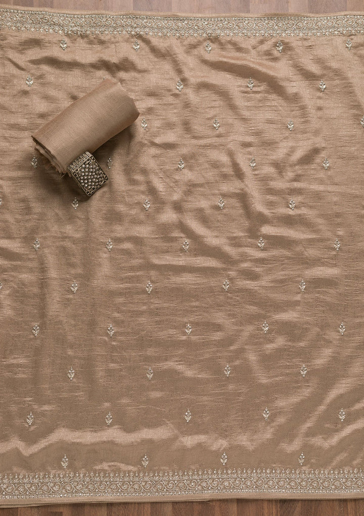 Light Brown Zariwork Raw Silk Unstitched Salwar Suit-Koskii