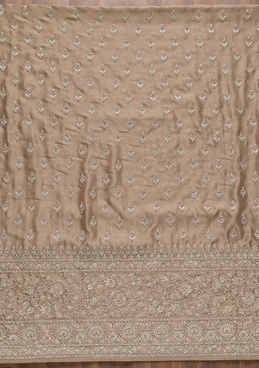 Light Brown Zariwork Raw Silk Unstitched Salwar Suit-Koskii