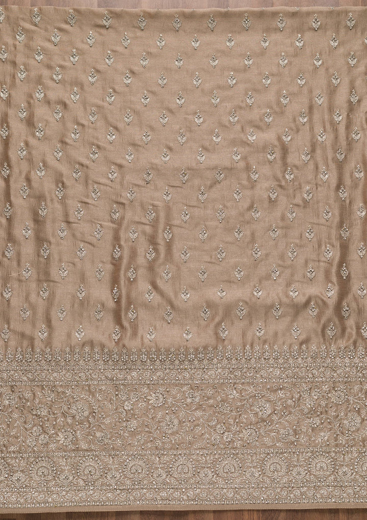 Light Brown Zariwork Raw Silk Unstitched Salwar Suit-Koskii