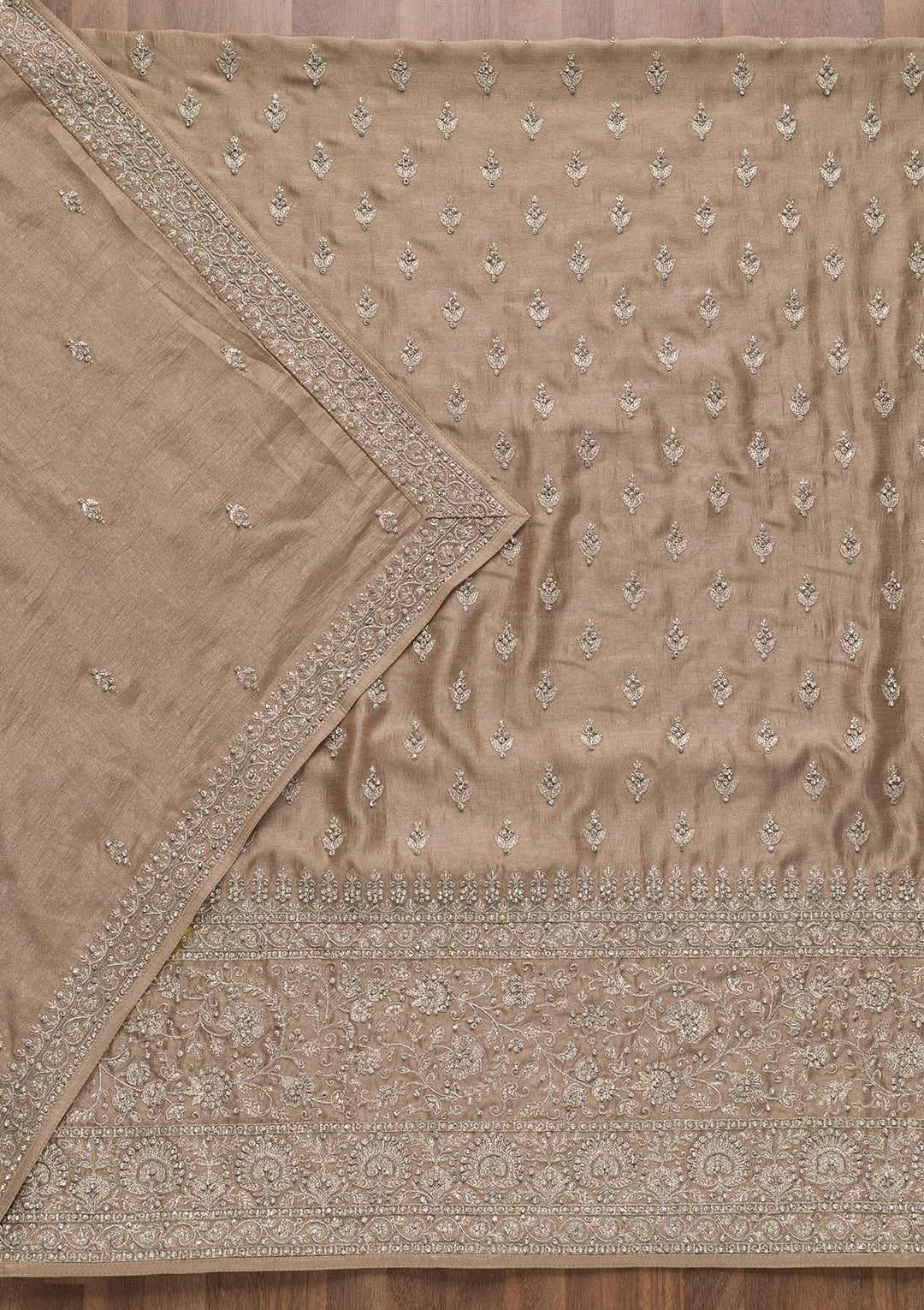 Light Brown Zariwork Raw Silk Unstitched Salwar Suit-Koskii