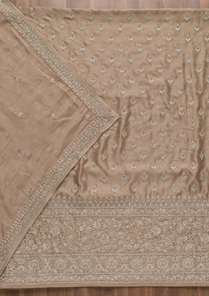 Light Brown Zariwork Raw Silk Unstitched Salwar Suit-Koskii