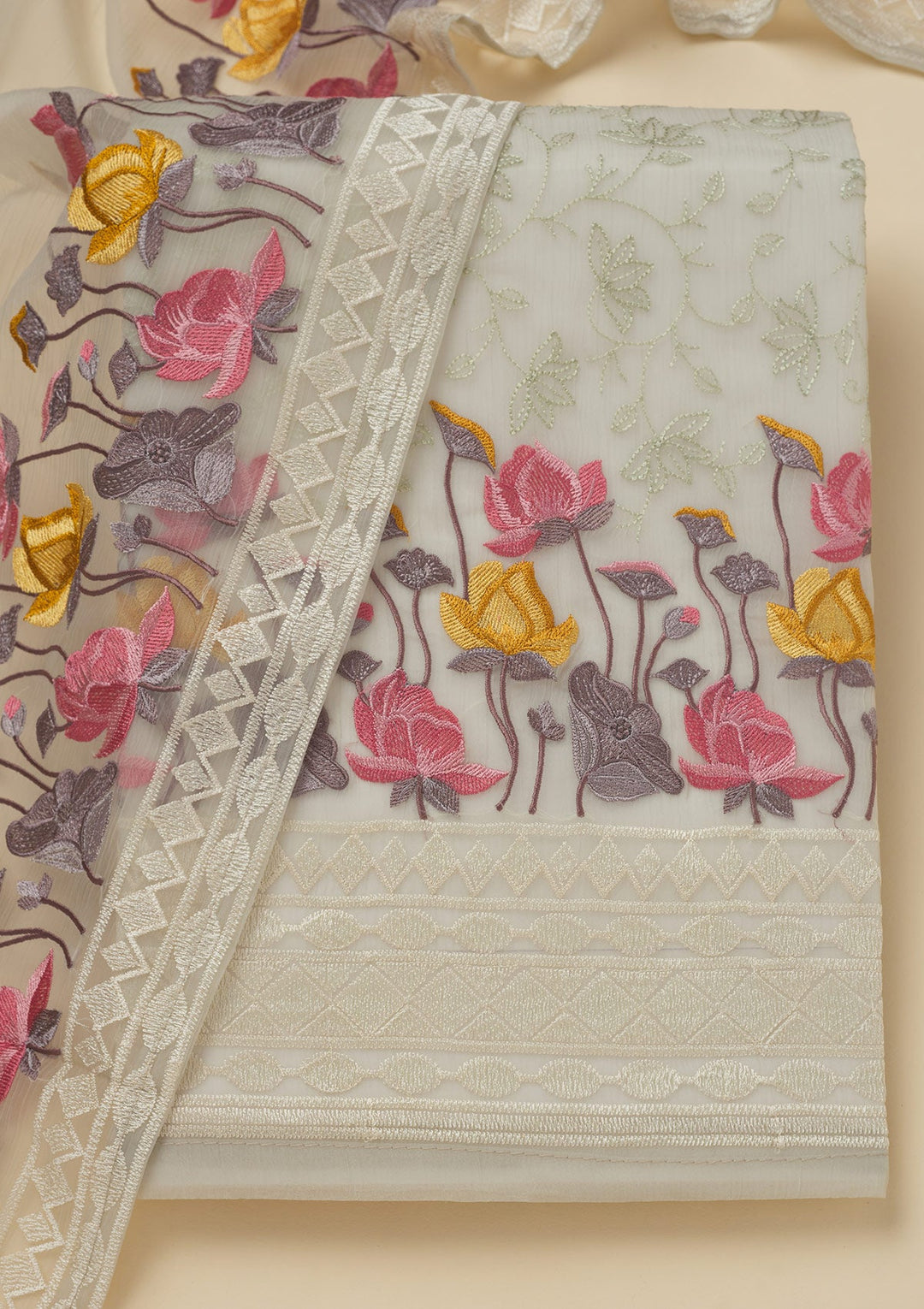 Light Grey Threadwork Organza Unstitched Salwar Suit-Koskii