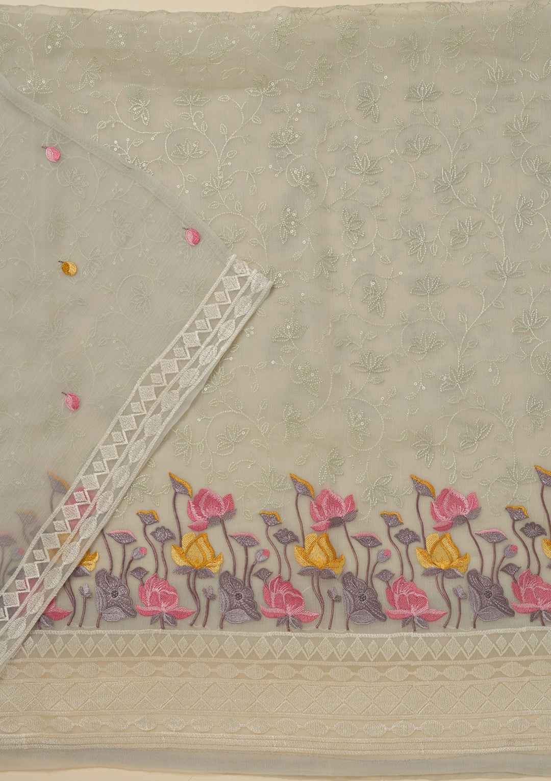 Light Grey Threadwork Organza Unstitched Salwar Suit-Koskii
