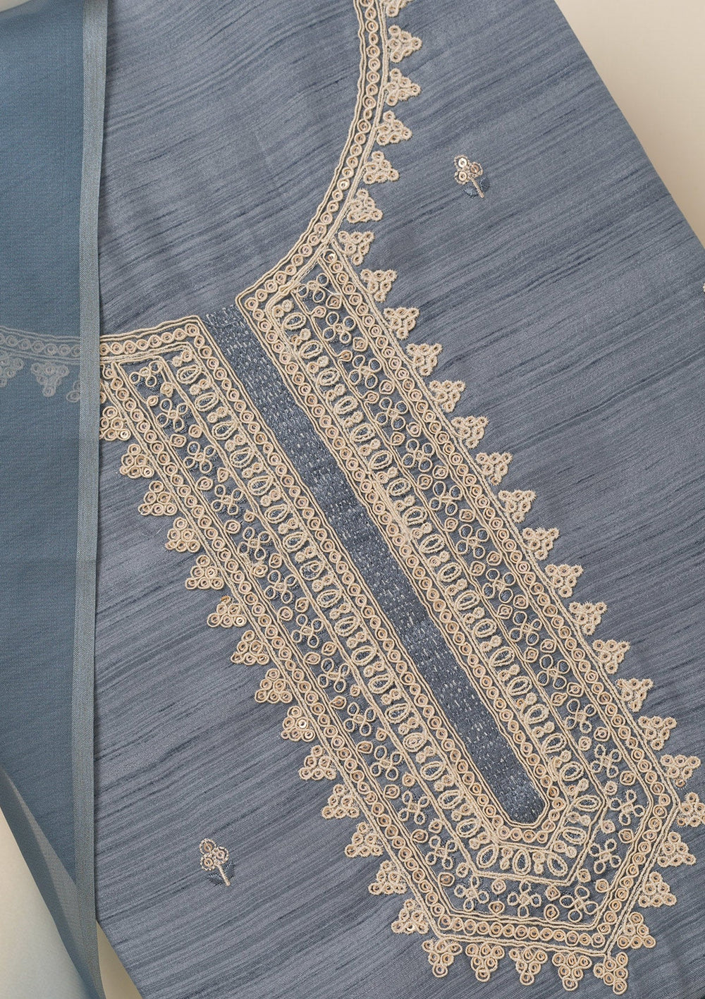 Light Grey Zariwork Soft Silk Unstitched Salwar Suit-Koskii